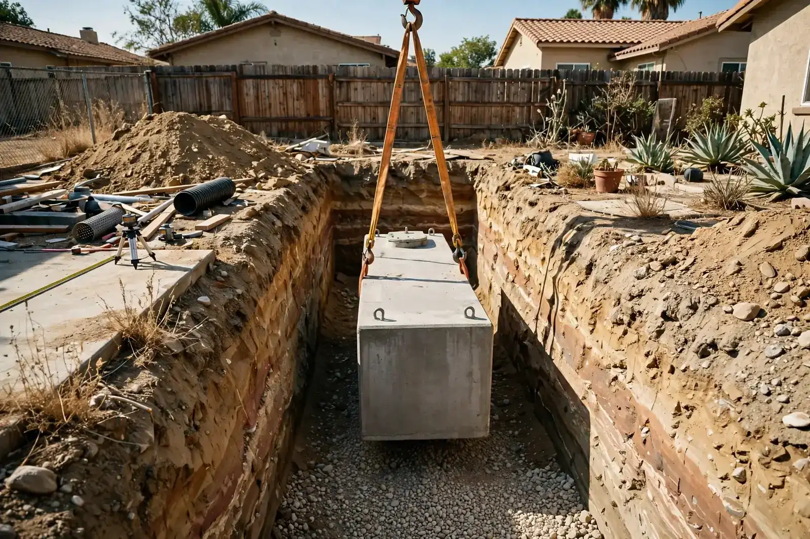 Excavated trench with a concrete septic tank being set into sunbaked California soil