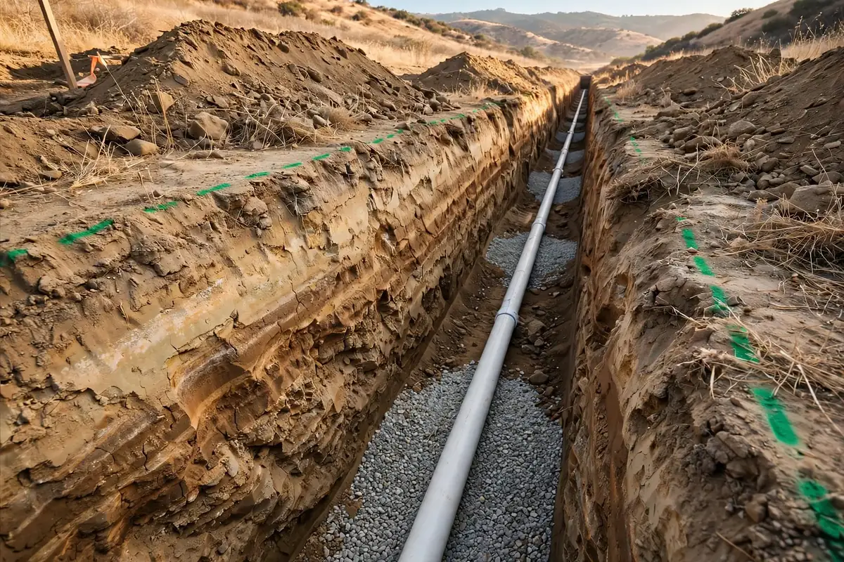 Dug trench with a sewer pipe on a gravel bed, marked with a green locator-paint line