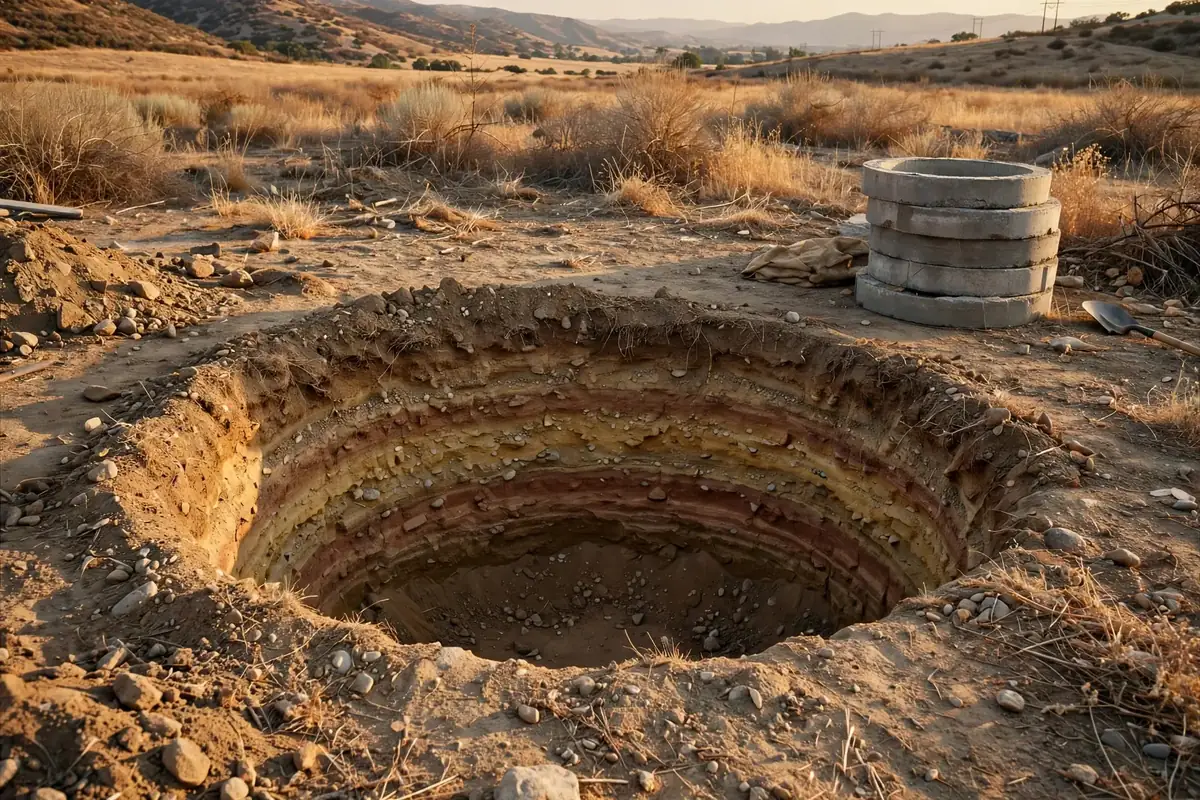 Round open excavation for a seepage pit in layered California soil
